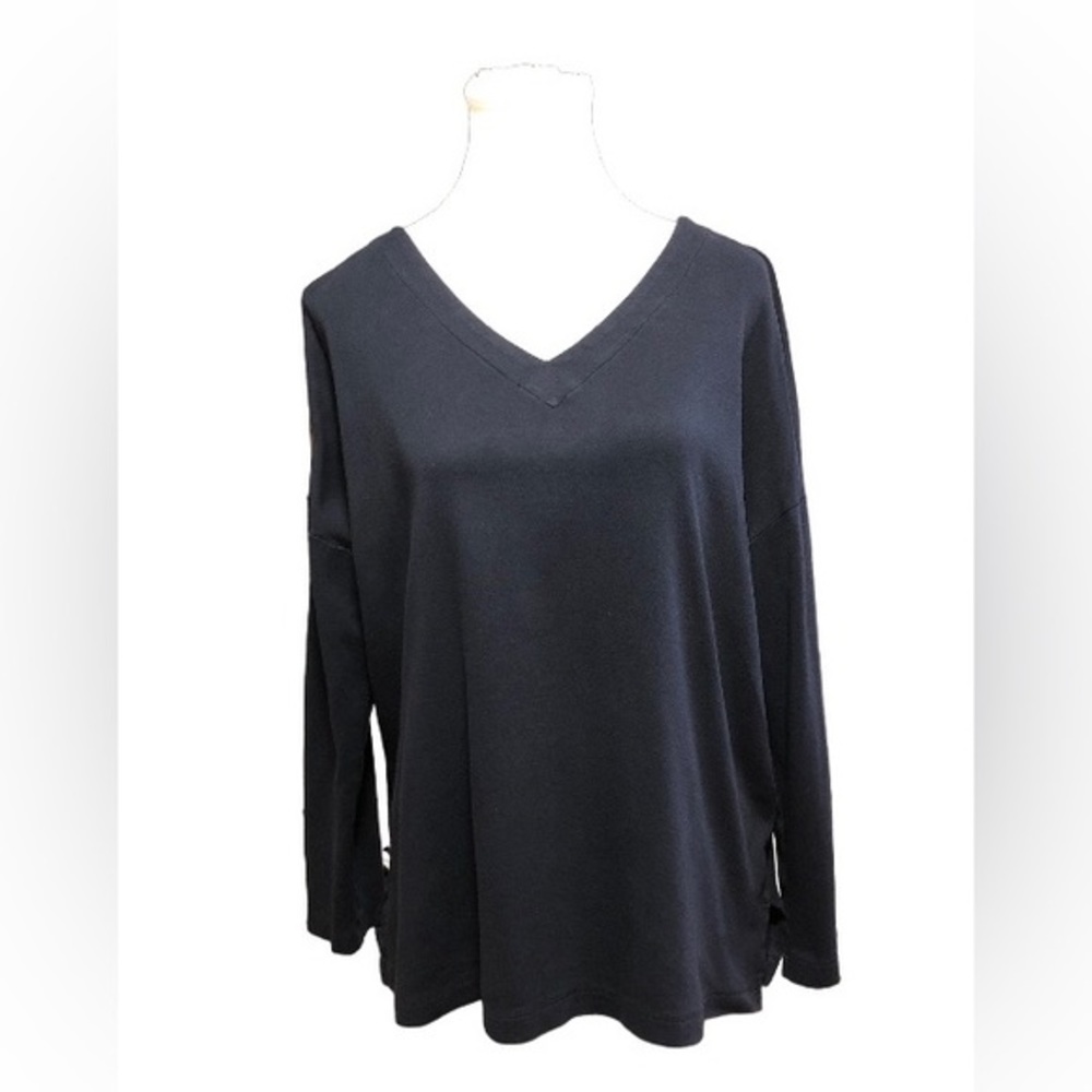 J. Jill V-Neck 100% Cotton Long Sleeve Navy Blue T-shirt